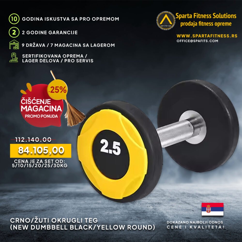Crno-žuti okrugli teg (New dumbbell black-yellow round) SET 5/10/15/20/25/30 KG - Čišćenje magacina